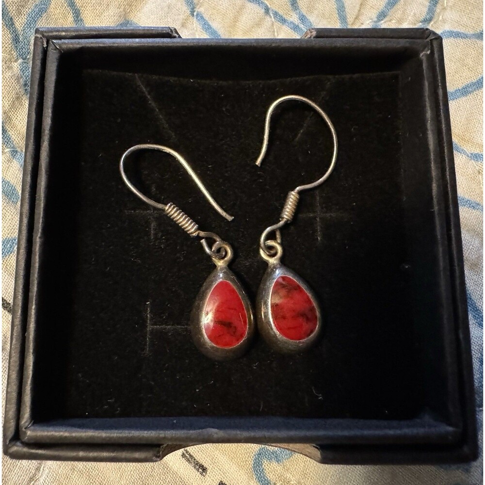 Red Jasper Sterling Silver Tear Drop Earrings Vintage Marked 925 Mexico